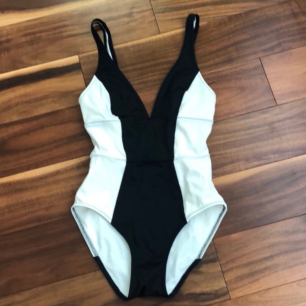 Solid + Striped Black and White One-Piece Swimsuit